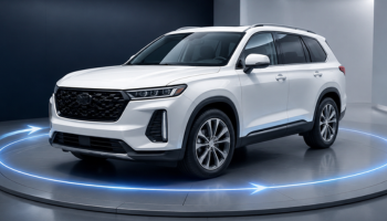 White SUV on a circular studio platform ringed with blue rotation arrows