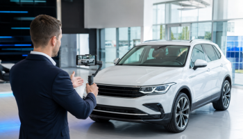 Salesperson filming a white SUV walkaround with a smartphone on a stabilizer inside a dealership showroom