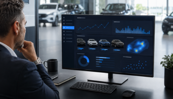 Dealership manager reviewing an automotive video analytics dashboard on a desktop monitor